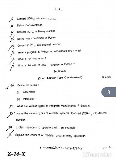 Class 11 Computer science 2024(X) Paper JKBOSE
