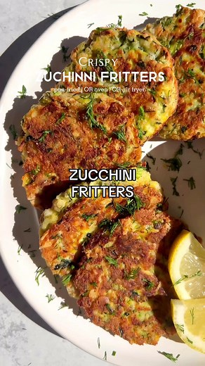 crispy zucchini fritters 🥒a fun and yummy way to use up some garden zucchini. Serve as a summery snack or dinner side with instructions for the stove, air fryer & oven. ✨ingredients (gluten-free, dairy-free) ▫️3 medium zucchini, grated sprinkle with a little bit of salt. Squeeze out excess water using a cheesecloth or thick paper towels ▫️2 thinly sliced green onions ▫️2 large eggs [or sub with 2 flax eggs (2 tbs ground flaxseeds 5 tbsp water), 6 tbsp aquafaba or egg substitute of choice for pl