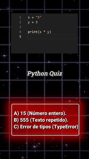 Moses Dev on Instagram: "¿Es esto una multiplicación matemática o un error? Python es famoso por ser flexible con los tipos de datos. ¿Qué sucede cuando intentas aplicar matemáticas a un texto? El resultado sorprende a quienes vienen de lenguajes tipados estáticamente. #mosesdev #pythoncode"