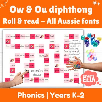 Ow Ou Diphthong Teams Roll and Read vowel digraph Phonics Game- Aussie Fonts