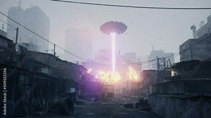 An unidentified flying object blasts the city slums with an alien weapon. The apocalypse that was set up by alien invaders. The animation is ideal for apocalyptic, sci-fi and space backgrounds.