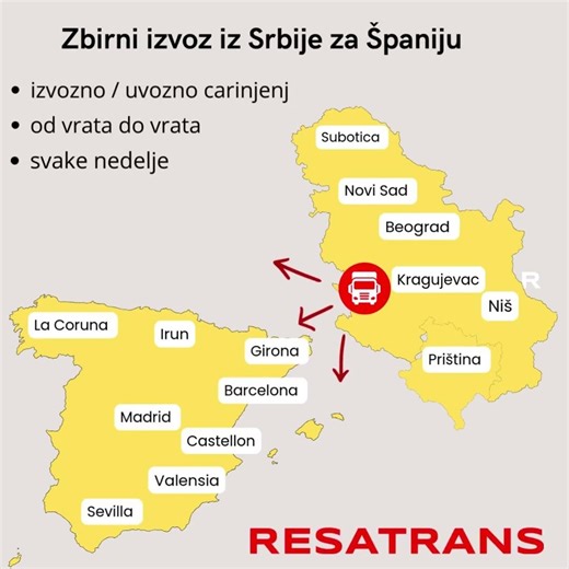 Svake nedelje redovan zbirni izvoz za Španiju , mogućnost izvoznog i uvoznog carinjenja .