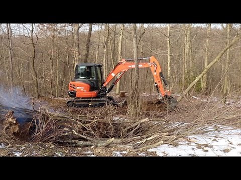 Clearing Land, Digging Stumps with Kubota KX057 4 Excavator #1012