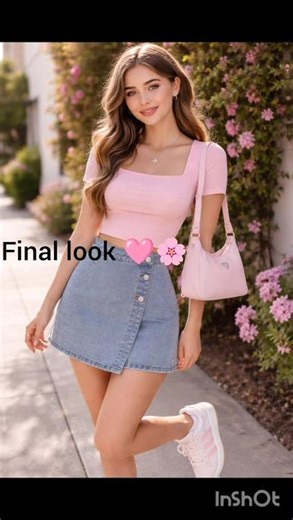 pink crop top with denim short skirt #fashionideas 🌸🩷