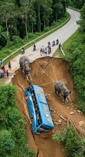 elephant helps bus that got stuck