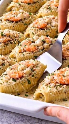 🦐 Shrimp & Crab Alfredo Stuffed Shells Creamy, cheesy, and packed with seafood—this dish is perfect for family dinners or special occasions. ⏱️ Prep Time 20 minutes ⏱️ Cook Time 30 minutes 🍽️ Servings 4–6 🧾 Ingredients Pasta & Filling 20–24 jumbo pasta shells 250 g (½ lb) shrimp, peeled, deveined, chopped 200 g (7 oz) crab meat (lump or claw, drained) 1 cup ricotta cheese 1 cup shredded mozzarella ½ cup grated Parmesan 2 cloves garlic, minced 1 tbsp olive oil 1 tbsp chopped parsley Salt & bla