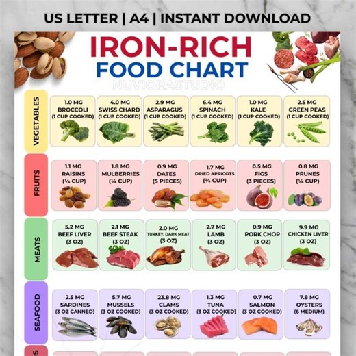 Iron-rich Foods Chart, High Iron Food List Printable, Anemia Food Chart PDF, Heme and Non-heme Iron Sources Guide - Etsy