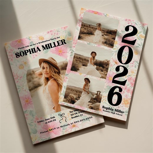 Pink Floral Graduation Invitation Template, 2026 Photo Grad Invite, Editable High School Graduation Announcement, 5x7 Front & Back Canva 99 - Etsy