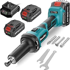 Seesii Electric Die Grinder, 6mm Chuck Cordless Die Grinder w/2 x 4000mAh Battery, 4 Grinding Heads, Fast Charger, Max 25000RPM Brushless Power Die Grinder for Metal Grinding, Deburring, Polishing