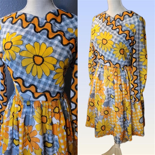 1960s Flower Power Vintage Mod Mini Dress Sunflower Gingham Print - Etsy