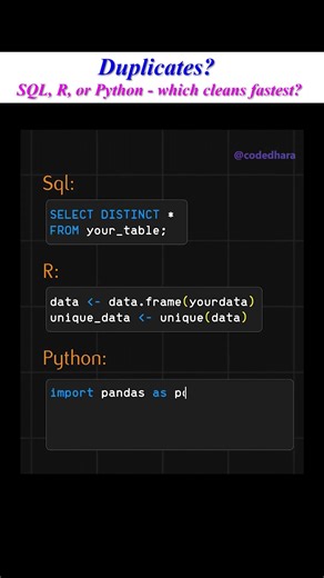 Remove Duplicates FAST: SQL vs R vs Python🔥Data Cleaning Battle #shorts #youtubeshorts #viral #sql