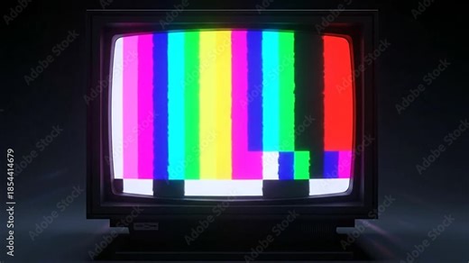 Static TV Screen: A retro television displays a vibrant color test pattern, evoking a sense of nostalgia for classic broadcast media and technical adjustments.