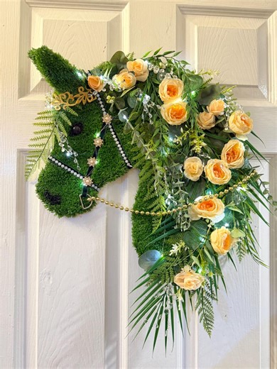 Floral Pony Head Wreath, Equestrian Door Decor with LED lights Gift Idea for Horse and pony Lovers