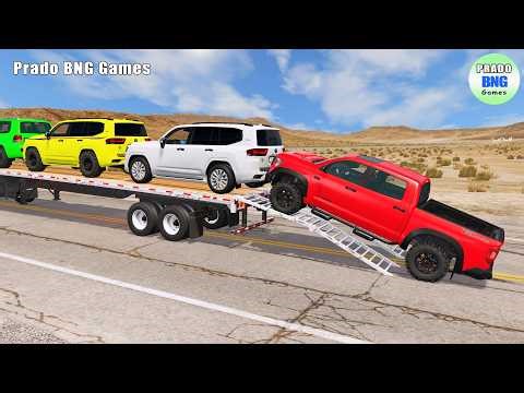 Toyota, Mercedes, Tractor, and Man Flatbed Truck vs Train – BeamNG.drive 491
