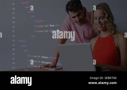 Woman typing laptop near phone while man leaning causing security code overlay and checking risks. Collaboration, cybersecurity, programming, computer, smartphone, workspace, modern Stock Video Footage - Alamy
