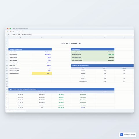 Auto Loan Calculator Excel Template | Car Payment Estimator | Amortization Schedule | Vehicle Finance | Google Sheets - Etsy