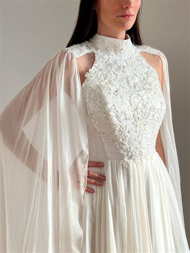 Elven embroidered wedding dress cape sleeve Fantasy bridal gown