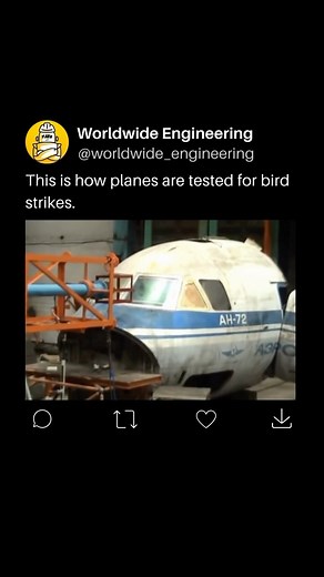 WORLDWIDE ENGINEERING 🌍 on Instagram: "Bird strike testing is a vital aspect of ensuring the safety and durability of airplanes. To assess the impact of bird collisions, manufacturers employ a “chicken gun” that shoots real or simulated birds at airplanes at speeds of 400 mph. This testing helps evaluate the potential damage caused by bird strikes, especially if birds were to be drawn into a jet engine during flight. #engineering #innovation #science #tech #newinventions #invention #engineering