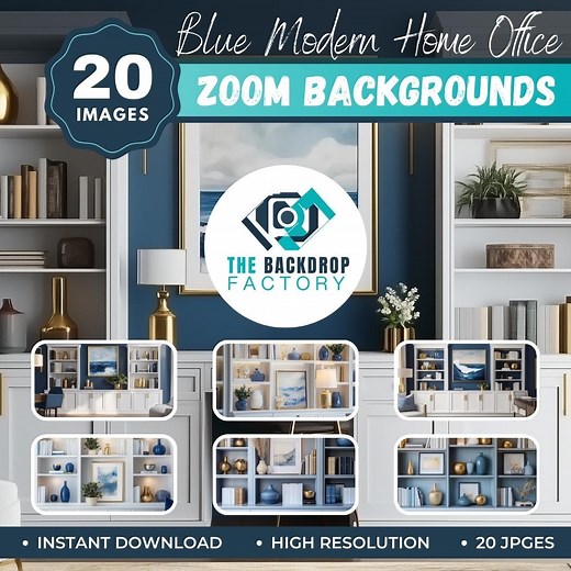 20 Blue Modern Home Office Zoom Background, Virtual Background, Teams Background, Video Conference Backdrop, Bookshelf Background - Etsy