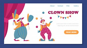 Clowns in funny costumes juggling, circus show advertising web...