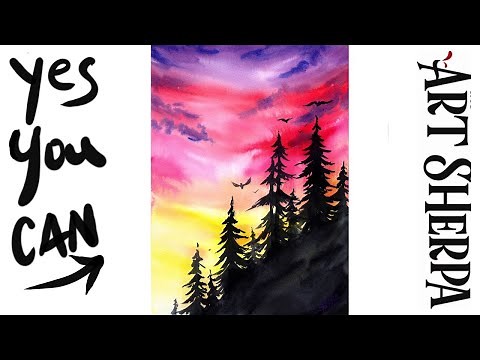 Sunset With tree silhouette Easy How to Paint Watercolor Step by step | The Art Sherpa