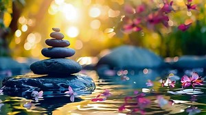 A stack of pebbles sitting on top of a rock in a pond