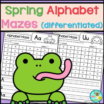 Kinder-1st Alphabet Mazes Color Trace Write Practice Worksheets - SPRING FRIENDS