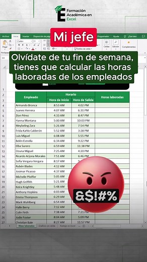 Hoy te enseñamos a calcular rápidamente las horas laboradas en Excel por trabajador. 😊📌 Recuerda que se calculará las horas totales, por lo que 1 hora y 30 minutos equivaldría a 1,5 horas. ✅ Síguenos para más contenido de Excel. 💚 #excel #exceltips #exceltutorial #formacionacademicaexcel