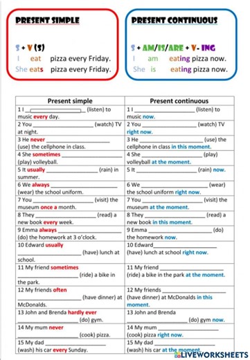 Present simple and present continuous online pdf worksheet