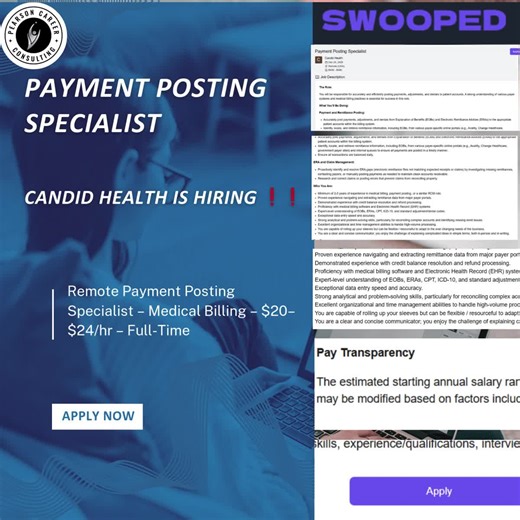 Payment Posting Specialist 📌 Candid Health is HIRING ❗❗ 📍 Location: Remote — United States 💼 Type: Full-Time 💰 Pay: $20 – $24 per hour (Estimated annual $40K–$48K) 📩 Apply Here: https://swooped.co/job-postings/ef2c8dac-43b0-4d83-80f3-5703b8537ed3