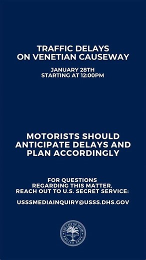 Today, January 28, 2026, the U.S. Secret Service, in collaboration with the City of Miami and Miami Beach Police, will implement intermittent and extended road closures on Venetian Islands from 2:00 PM to around 7:30 PM. Expect traffic impacts starting as early as 12:00 PM on the Venetian Causeway, particularly at San Marco Island (Miami) and San Marino Island (Miami Beach). Motorists should anticipate delays and plan accordingly. For any questions about this matter, reach out to the U.S. Secret