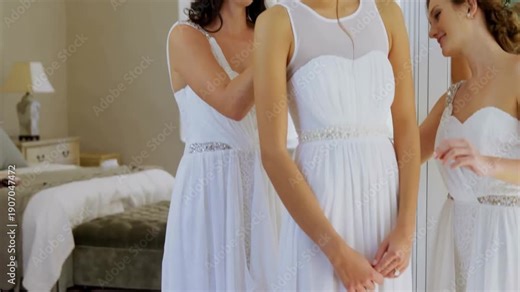 Helping bride with dress, bridesmaids in wedding preparation over room background