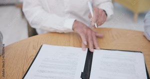 Signature, contract and deal with hands of people for planning, consulting or life insurance. Financial advisor, legal documents and agreement with closeup lawyer and client in law firm for report