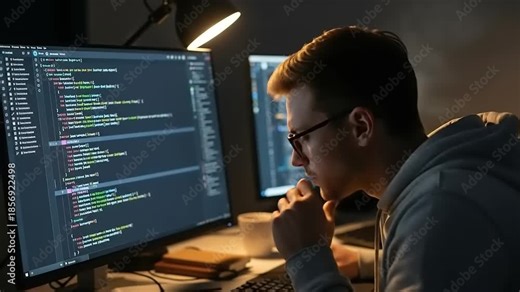 Dedicated Male Programmer Working on Code Late at Night.