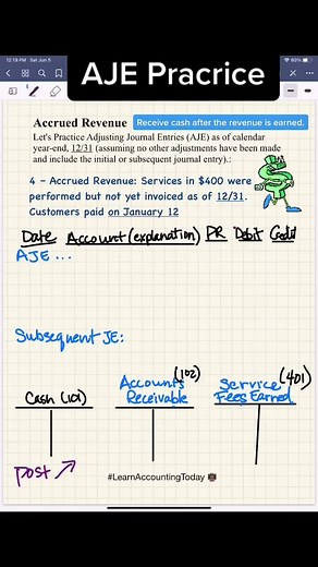 Adjusting journal entry revenue acrrued (AJE) #LearnAccountingToday 👩🏽‍🏫 #LearnTeachRepeat #Accounting 🤑 #FinancialAccounting #FYP #foryoupage