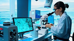 Download Female scientist research modern laboratory girl science STEM discovery biology chemistry pharma health care industry high tech equipment biochemistry young student microscope experiment for free