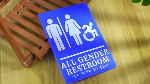 Set of 2 All Gender Restroom Door and Wall Sign with Braille by ADA Compliant Unisex Bathroom Sign, Blue and White