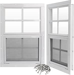 Flush Mount Shed Windows 12''x18'' with Tempered Glass and Screen, (2 Pack) White Chicken Coop Window Sliding Vertical Windows for Household, Sheds Barns,Garage, Playhouse, Mobile Home