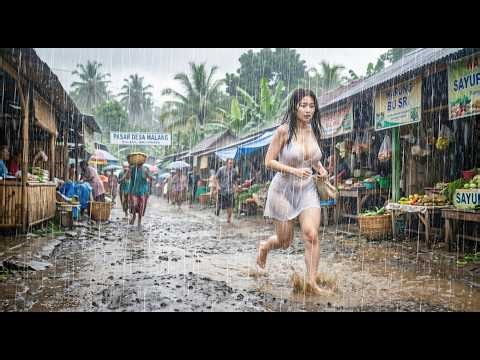 EXTREME WEATHER in Indonesia ⚡ Torrential Rain & Thunderstorm | Village Rain ASMR