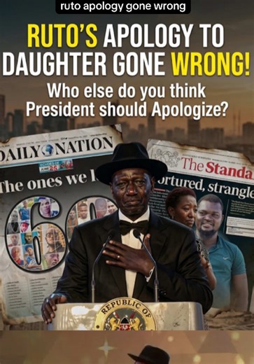 ruto apology to daughter, ruto apology gone wrong RUTO’S APOLOGY TO DAUGHTER GONE WRONG! Who else do you think President should Apologize? The entire nation is completely shattered over this agonizing and deeply emotional betrayal! 😭😭 The sickening, controversial reality has left millions of citizens completely shell-shocked! While the President issues a public apology to his own daughter, the nation painfully mourns the innocent youth slaughtered on our streets, as seen with the 60 faces of