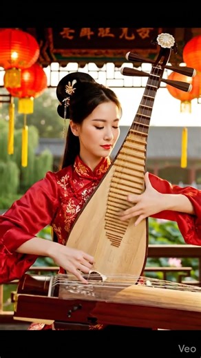 A beautiful Chinese woman is performing Pi Pa music under a wooden pavilion in a public garden.