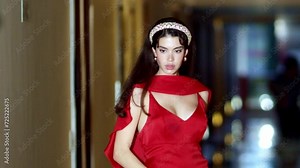 Young model moves with fluid movements while posing for the camera. Slow-mo