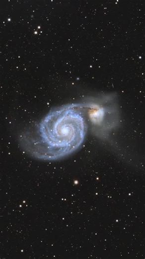 Oksana Korda | Astro Art & Science on Instagram: "M51 – INTERACTING GALACTIC STRUCTURE M51, the Whirlpool Galaxy, is a grand-design spiral undergoing a close gravitational encounter with its companion NGC 5195. This interaction pulls out long tidal streams, compresses gas in the spiral arms, and ignites bursts of star formation that trace the galaxy’s sweeping blue structure. The distorted dust lanes and extended tidal debris record multiple past passages of the companion, each reshaping M51’s d