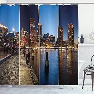 Ambesonne American Shower Curtain, Boston Skyline Day and Night Cityscape Skyscraper Reflection in Water Metropolis, Cloth Fabric Bathroom Decor Set with Hooks, 69" W x 84" L, Blue Orange