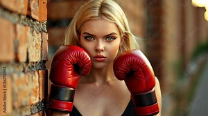 Bold female athlete in red boxing gloves against a brick wall, showcasing strength and determination.
