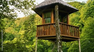 A cozy treehouse bungalow with a thatched roof and rope ladder entry.
