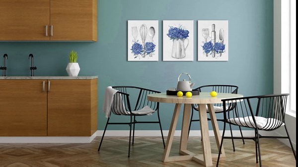 Visual Art Decor Kitchen Art Blue Kitchen Decor Painting Framed Ready to Hang 12x16inchx3Pieces (Deep Blue)