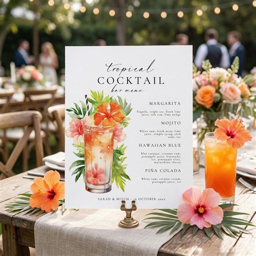 Citrus Floral Tropical Cocktail Bar Menu Sign Template, Sunset Wedding Bar Sign, Editable Drink Menu Canva Template, Beach Wedding Sign - Etsy