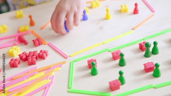 Child and adult hands engaged in educational game using colorful plastic counters and counting sticks on wooden table, Early childhood development, promotes fine motor skills