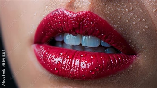 Sensual red lips: A close-up view of full, luscious lips, painted a vibrant shade of red and glistening with delicate droplets of moisture. An image of elegance and beauty